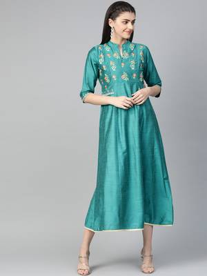 Teal printed liva long-kurtis 1