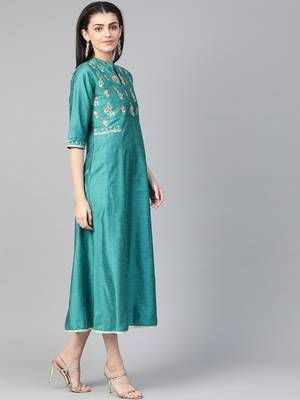 Teal printed liva long-kurtis 3