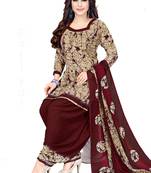 Women's Beige & Maroon Synthetic Printed Unstitch Dress Material With Dupatta