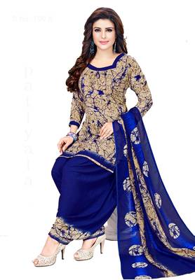 Women's Beige & Blue Synthetic Printed Unstitch Dress Material With Dupatta 1