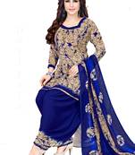 Women's Beige & Blue Synthetic Printed Unstitch Dress Material With Dupatta