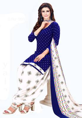 Women's Blue & White Synthetic Printed Unstitch Dress Material With Dupatta 1