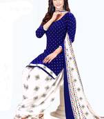 Women's Blue & White Synthetic Printed Unstitch Dress Material With Dupatta