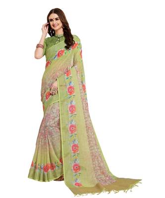 Green printed Linen saree with blouse 1