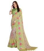Green printed Linen saree with blouse