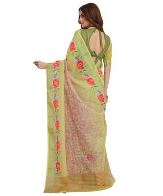 Green printed Linen saree with blouse 2