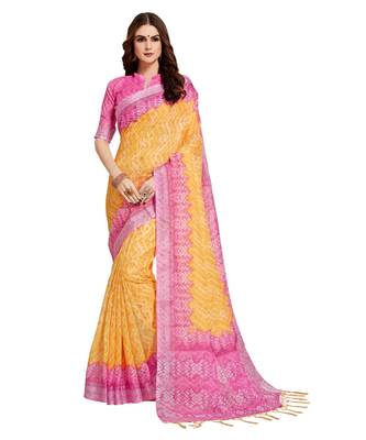 Yellow printed Linen saree with blouse 1