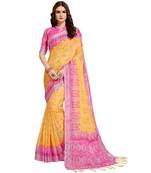 Yellow printed Linen saree with blouse