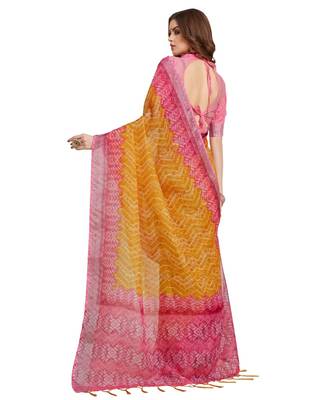 Yellow printed Linen saree with blouse 2