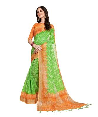 Green printed Linen saree with blouse 1