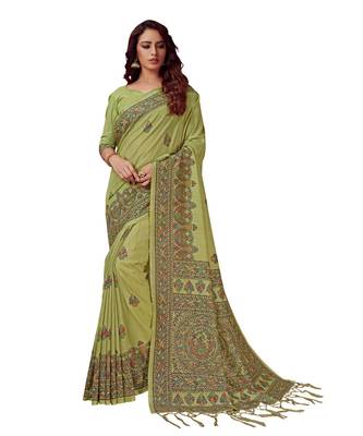 Green printed Silk blend saree with blouse 1