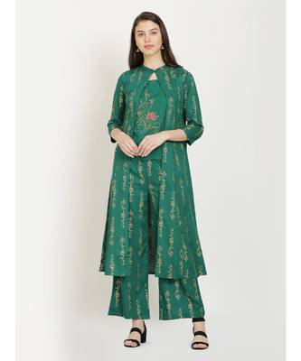 Green embroidered Top With Palazzo With Shrug 1
