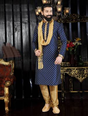 Blue printed art dupion silk kurta-pajama 1