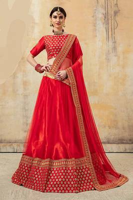 Red Embroidered Net Semi Stitched Lehenga 1