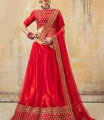 Red Embroidered Net Semi Stitched Lehenga