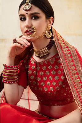 Red Embroidered Net Semi Stitched Lehenga 2
