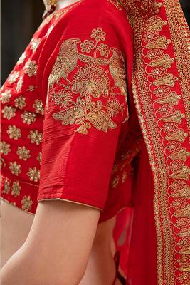 Red Embroidered Net Semi Stitched Lehenga 3