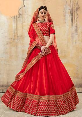 Red Embroidered Net Semi Stitched Lehenga 4
