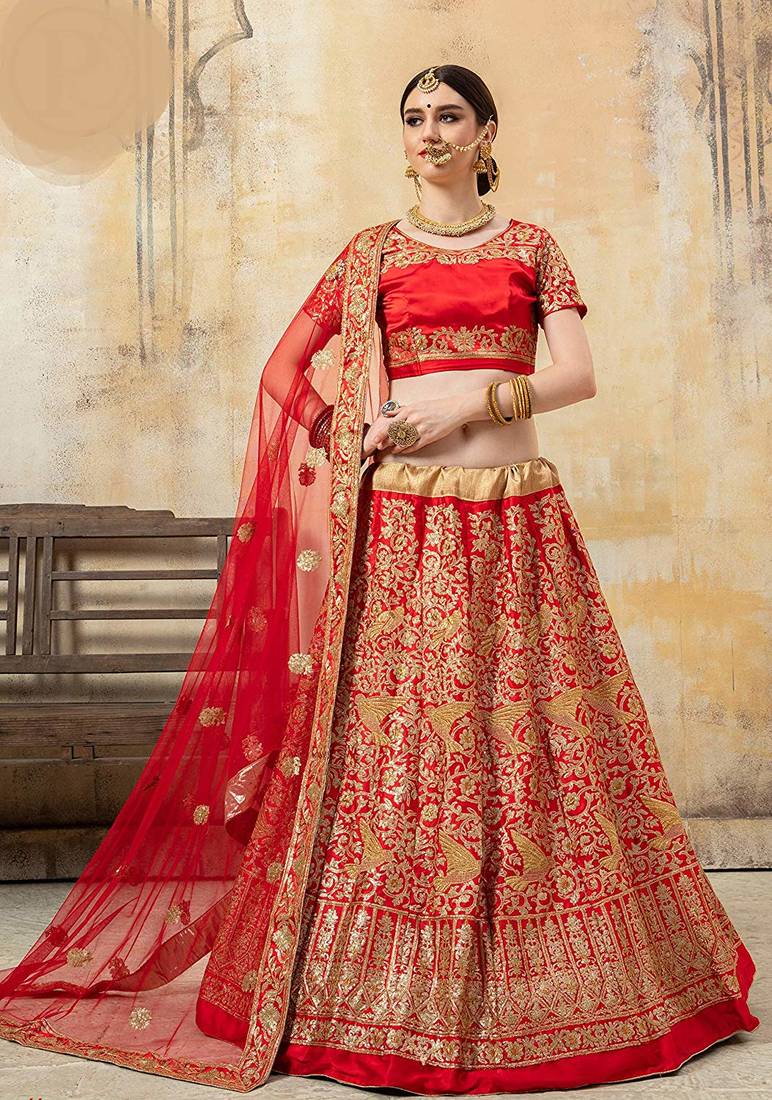 Red Embroidered Satin Semi Stitched Lehenga - Payal Creation - 3126783