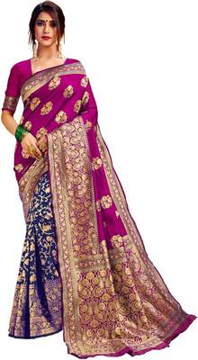 Rani pink woven jacquard saree with blouse 1