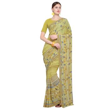 yellow printed georgette designer saree with blouse 1