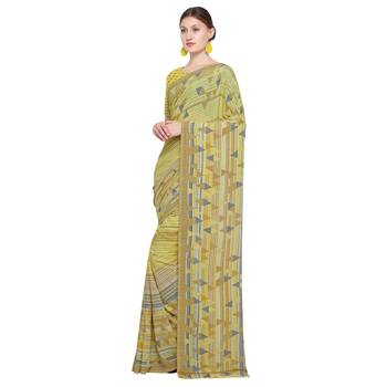 yellow printed georgette designer saree with blouse 3