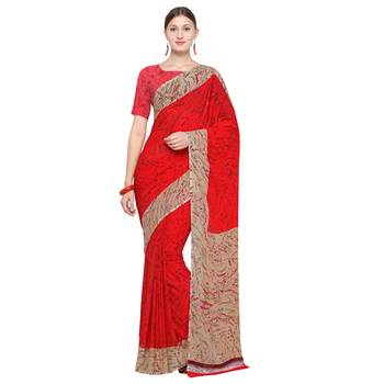 red printed georgette designer saree with blouse 1