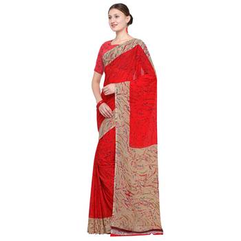 red printed georgette designer saree with blouse 3