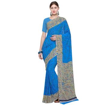 blue printed georgette designer saree with blouse 1