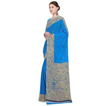 blue printed georgette designer saree with blouse 3
