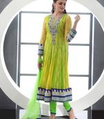Yellow embroidered Georgette stitched salwar with dupatta