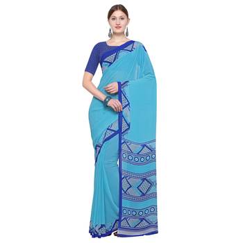 blue printed georgette designer saree with blouse 1