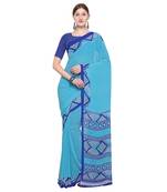 blue printed georgette designer saree with blouse
