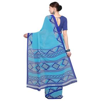 blue printed georgette designer saree with blouse 2