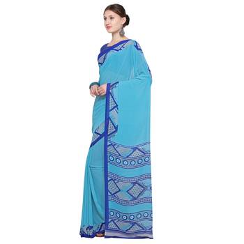 blue printed georgette designer saree with blouse 3