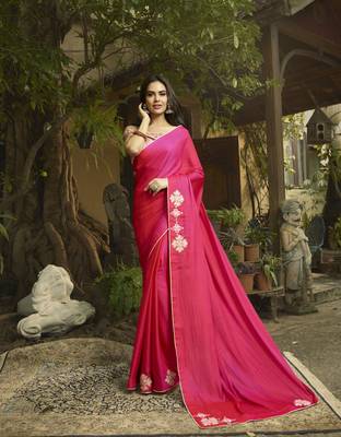 Pink embroidered Satin saree with blouse 1