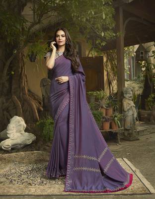 Purple embroidered silk blend saree with blouse 1