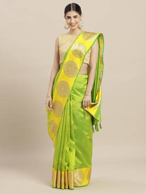 Green printed linen saree with blouse 1