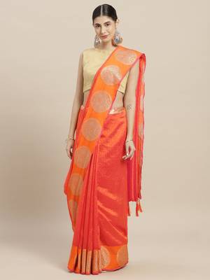 Orange printed linen saree with blouse 1