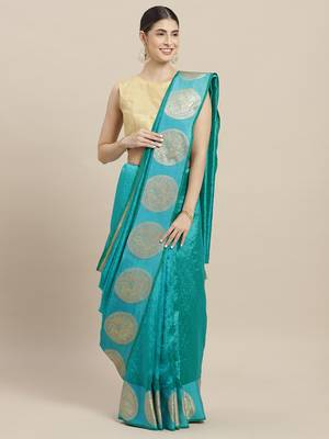 Turquoise printed cotton poly saree with blouse 1