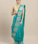 Turquoise printed cotton poly saree with blouse