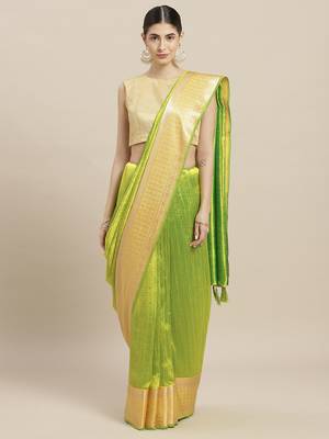 Green printed cotton poly saree with blouse 1
