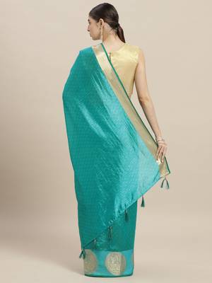 Turquoise printed cotton poly saree with blouse 2