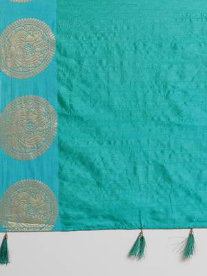 Turquoise printed cotton poly saree with blouse 4