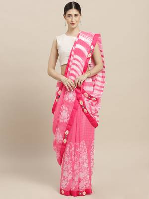 Pink printed faux georgette saree with blouse 1