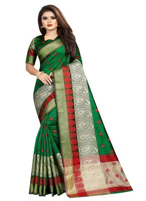 Green woven banarasi saree with blouse 1