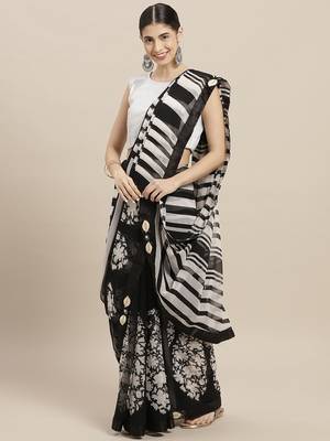 Black printed faux georgette saree with blouse 1