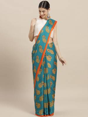 Turquoise printed polycotton saree with blouse 1