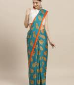 Turquoise printed polycotton saree with blouse