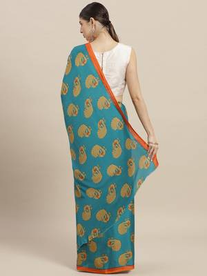 Turquoise printed polycotton saree with blouse 2